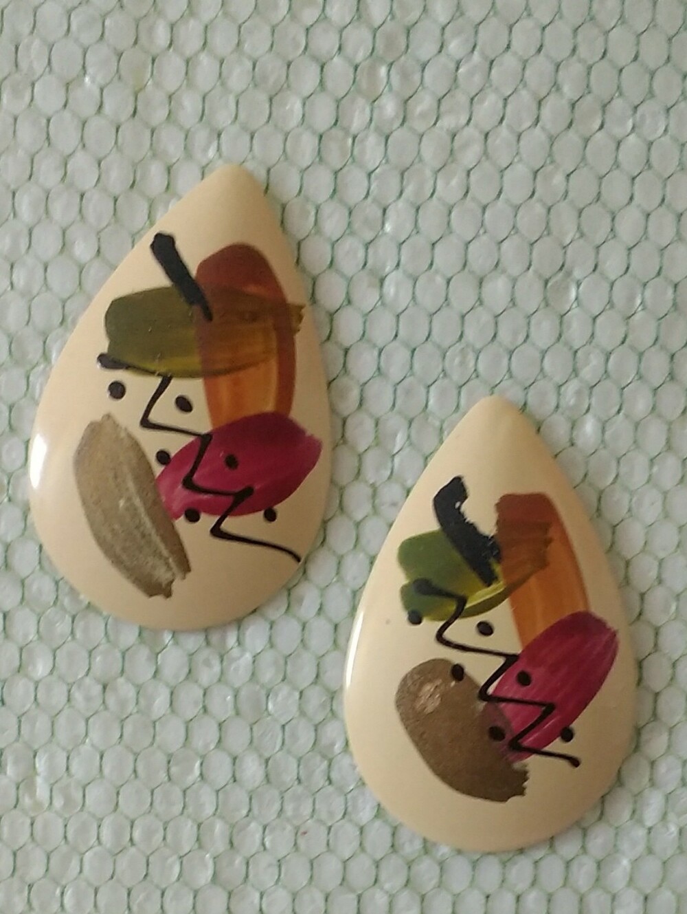 Cream Teardrop Earrings with Multicolour Abstract Design 4/$15